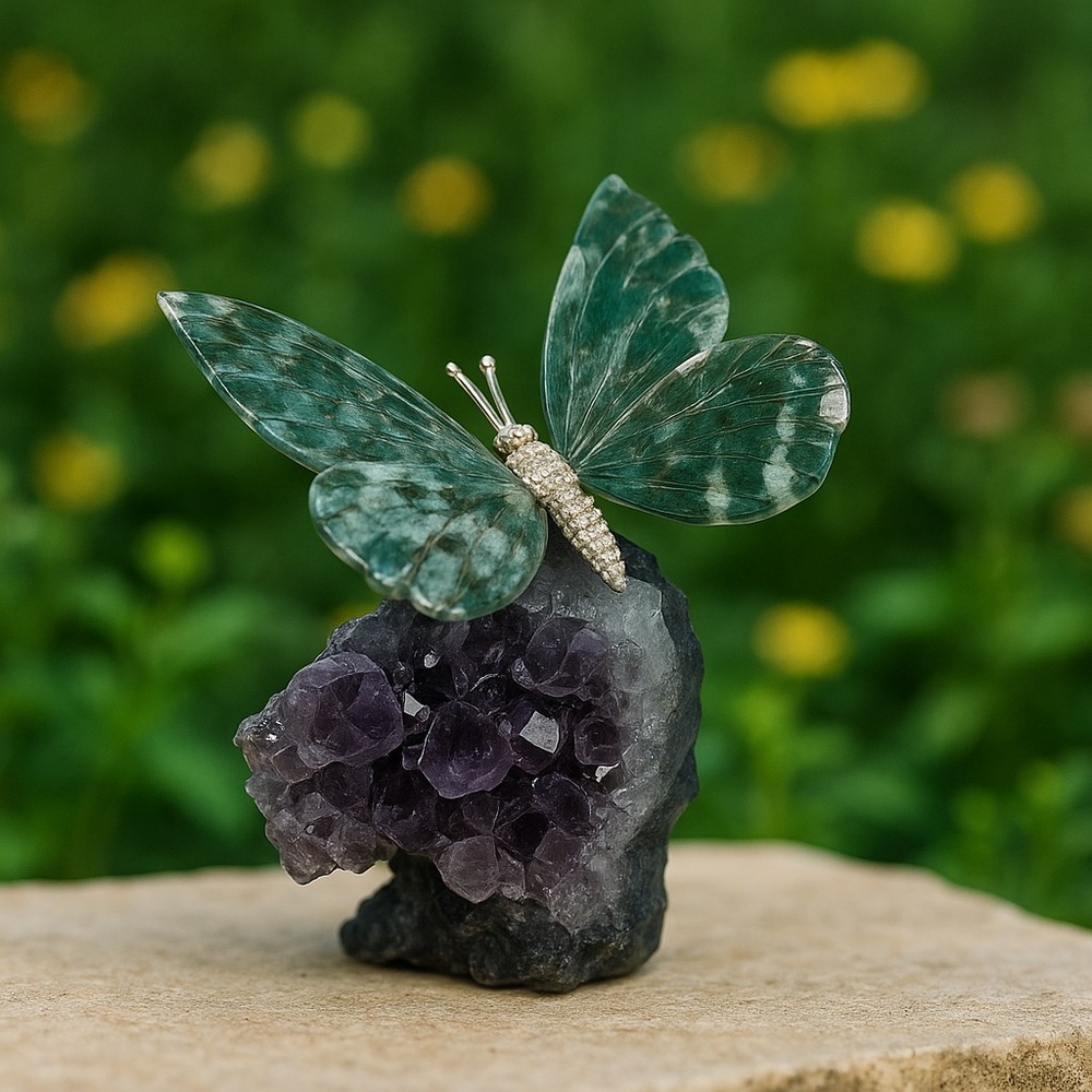 RockHound101: Vtg HandCarved Moss Agate Butterfly Amethyst Cluster-Gem Sculpture